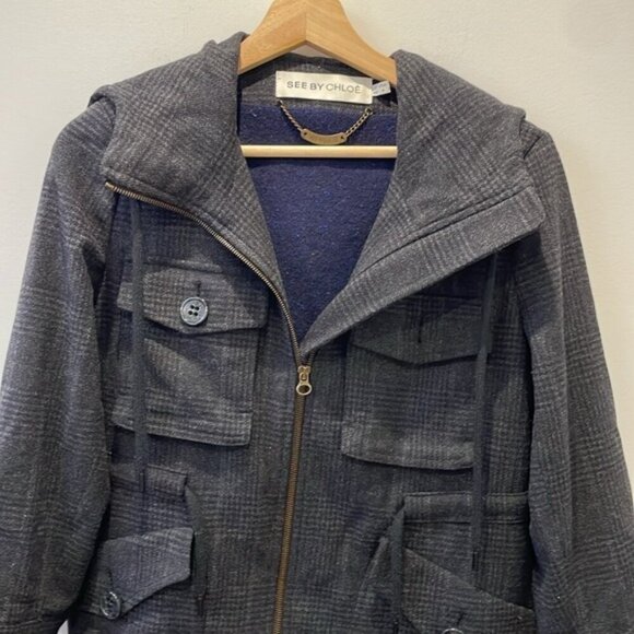 See By Chloe Utility Blazer Jacket Check Hood Knit Wool Varsity Black Navy 4 - Picture 3 of 14